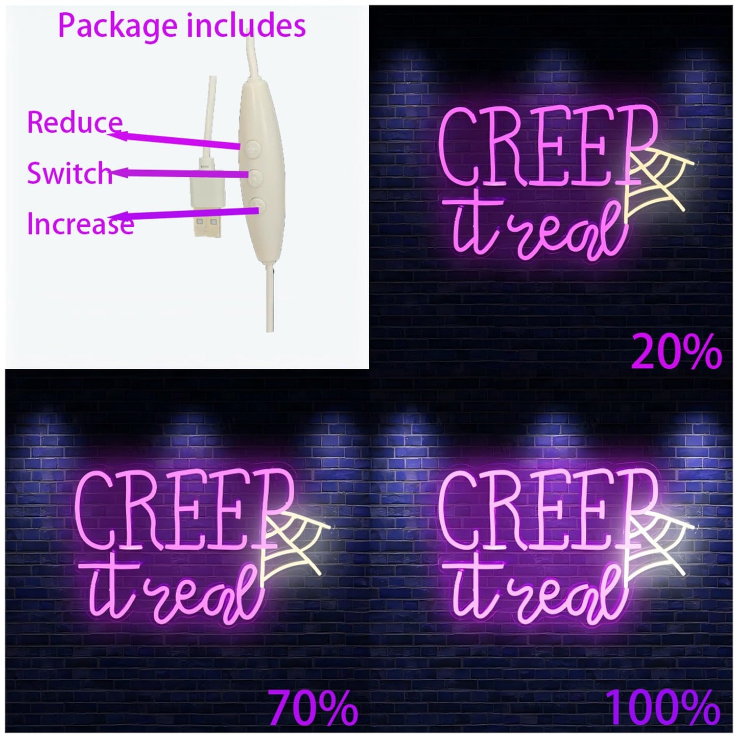Creep It Real Halloween Neon Sign with Ghost & Spider Web - Spooky Party Decor