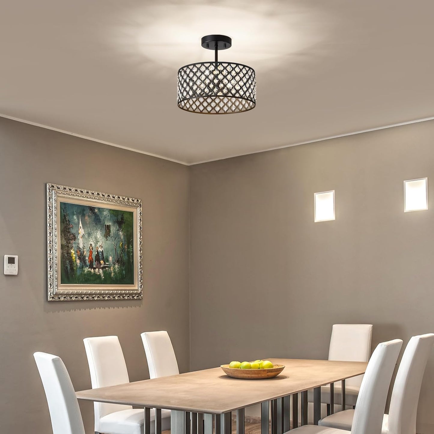Modern Black Crystal Semi Flush Mount Ceiling Light Fixture - 11.2" Round Chandelier for Dining Room, Hallway, Kitchen & Bedroom