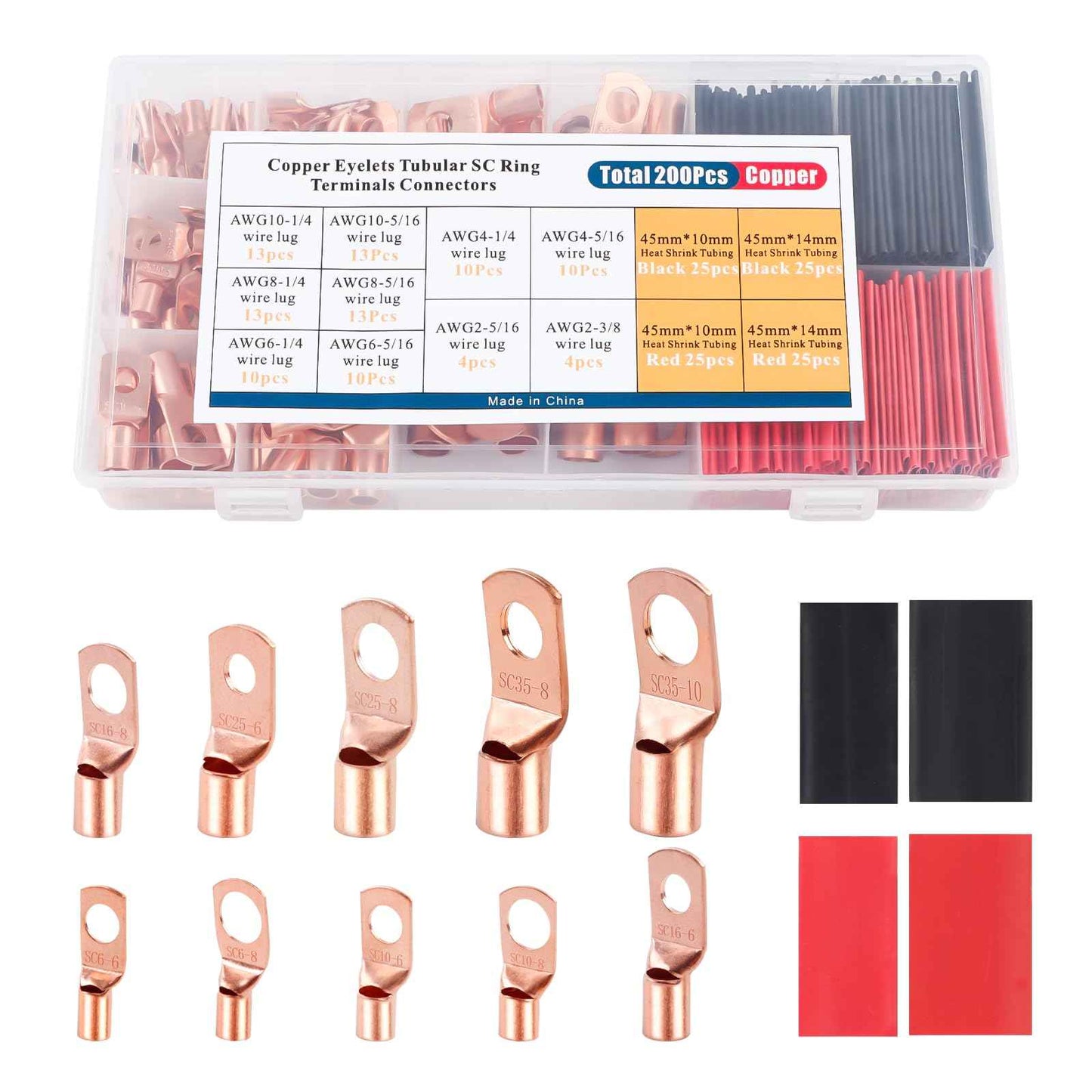 YUZES 200PCS Copper Wire Lugs AWG12 10 8 6 4 2 with Heat Shrink Set, Battery Cable Ends Ring Terminals Connectors, Crimp Terminals for Automotive, Marine, RV, Solar, Inverter & Audio Applications