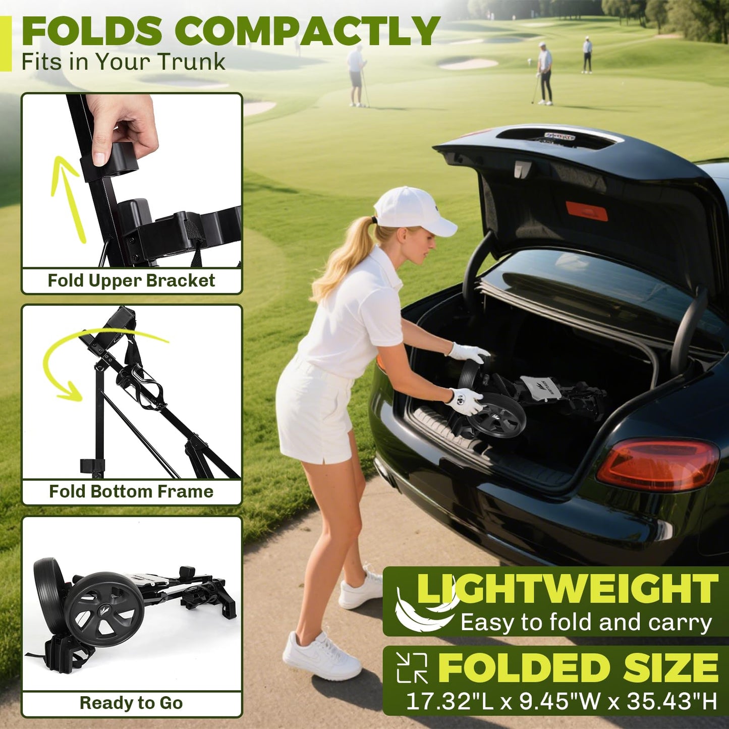 WAYTULES 2-Wheel Golf Pull Cart – Lightweight Foldable Golf Push Cart with Durable Steel Frame, Adjustable Web Straps, Compact Design for Walking Golfers(Black)