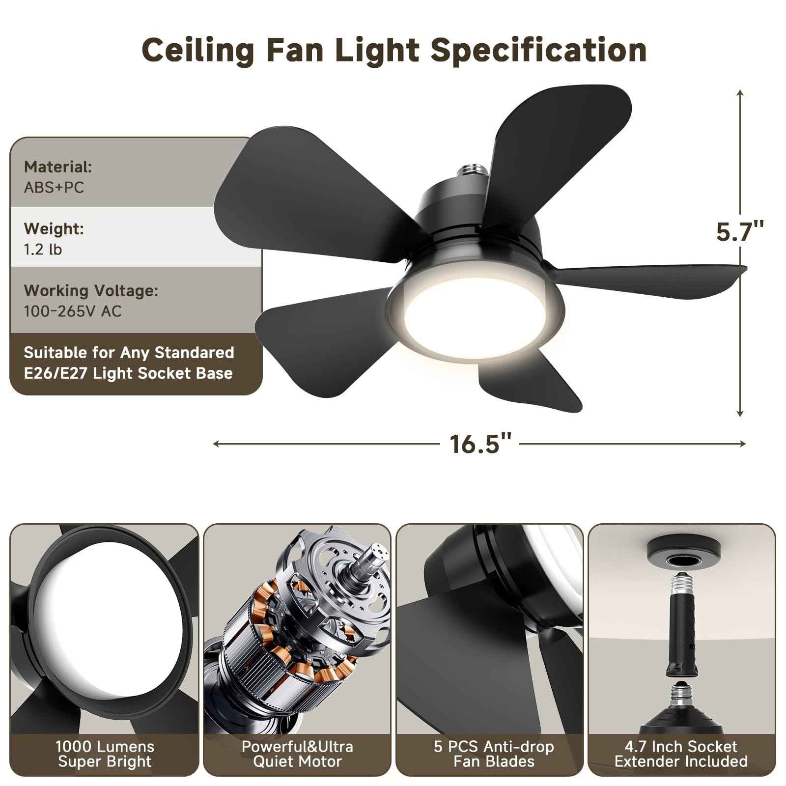 MOTCTQVD Ceiling Fan light with Remote, 5 Brightness Dimmable Ceiling Fans with Lights, 3000K-6000K Quiet 3-Speed Bedroom Ceiling Fans for Garage Living Room