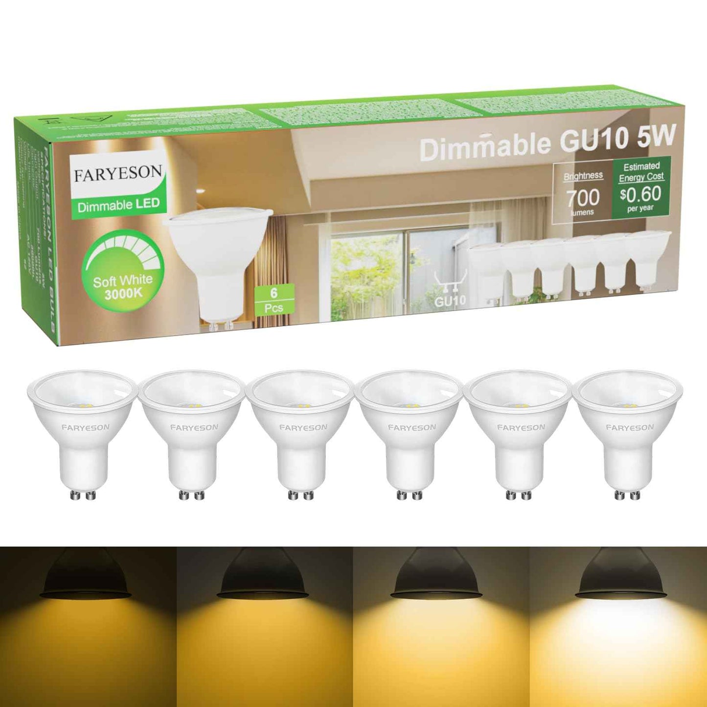 faryeson Dimmable GU10 LED Light Bulbs - 5W Energy-Efficient, 700 Lumens Soft White (3000K), 110° Flood Beam, Ideal Replacement for Halogen Bulb in Recessed & Track Lighting, 6-Pack