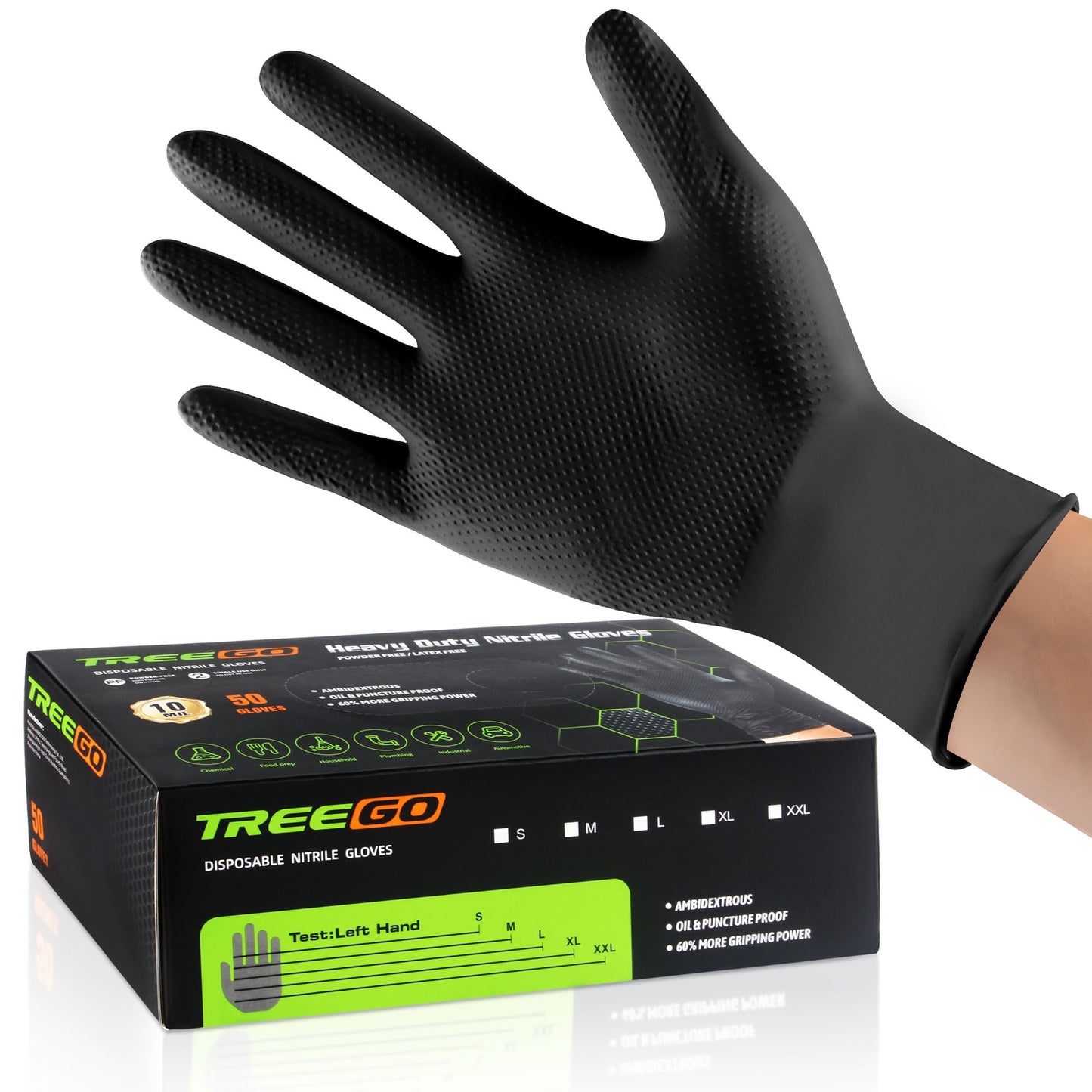 TREEGO Black Nitrile Gloves 10 Mil Heavy Duty Disposable Latex Free – Diamond Grip for Industrial, Construction, Mechanic (50, M)