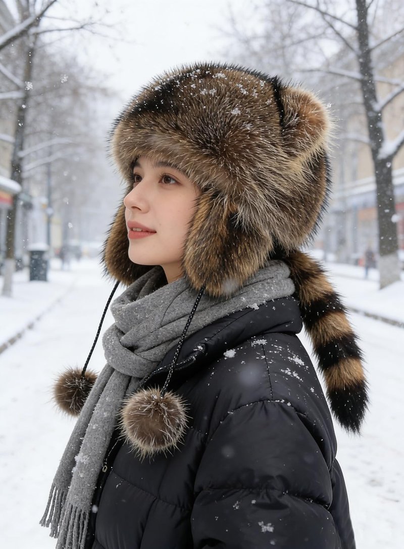 Raccoon Tail Parent-Child Plush Earflap Hat Faux Fur Animall Hat Ladies Russian Ushanka Winter Warm Cap Cute Pompoms Beanies Cap for Adult Kid Halloween Xmas Birthday