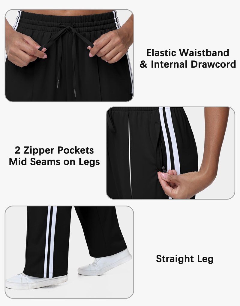 MIVEI Women’s Athletic Track Pants Regular Fit - Loose Jogging Sweatpants with Zipper Pockets Drawstring Waist Striped Black
