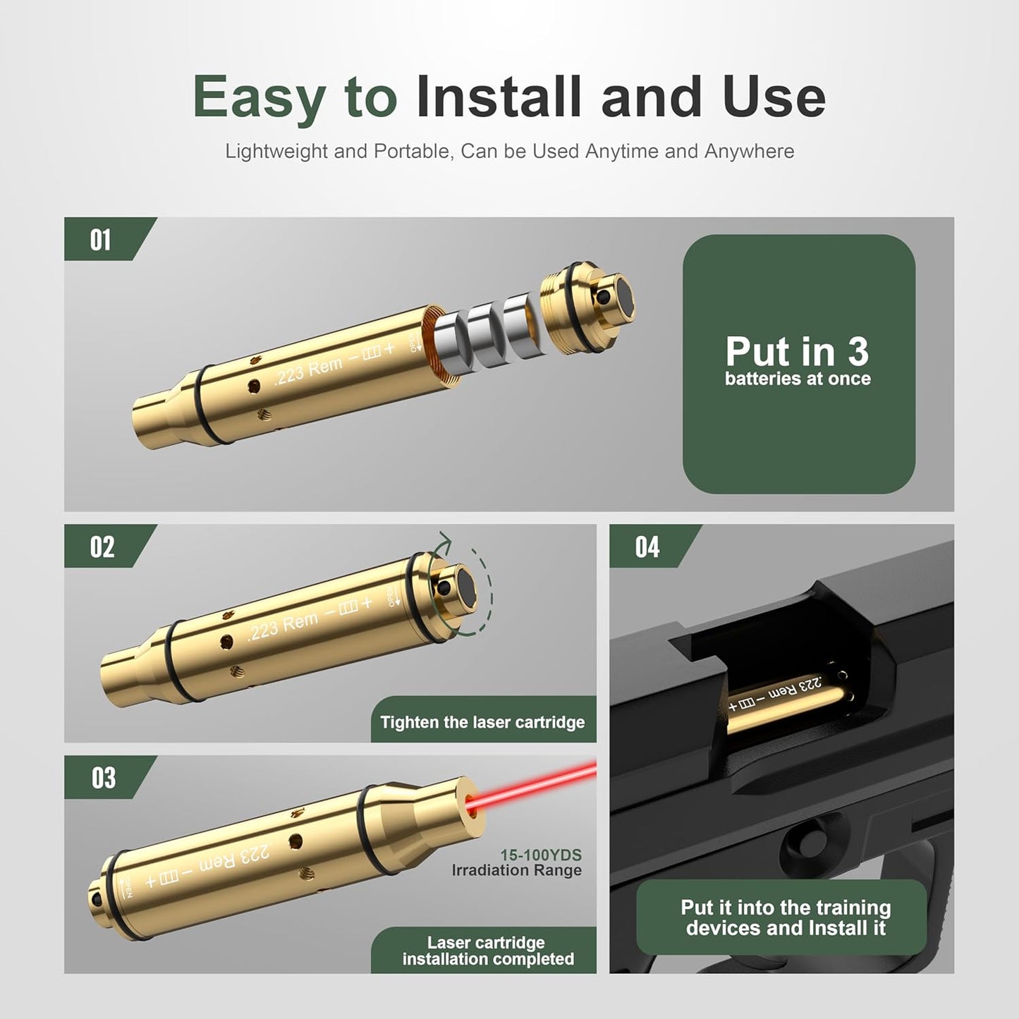 223Rem Laser Training Cartridge - Dry Fire Training System with 3 Batteries for Enhanced Shooting Practice