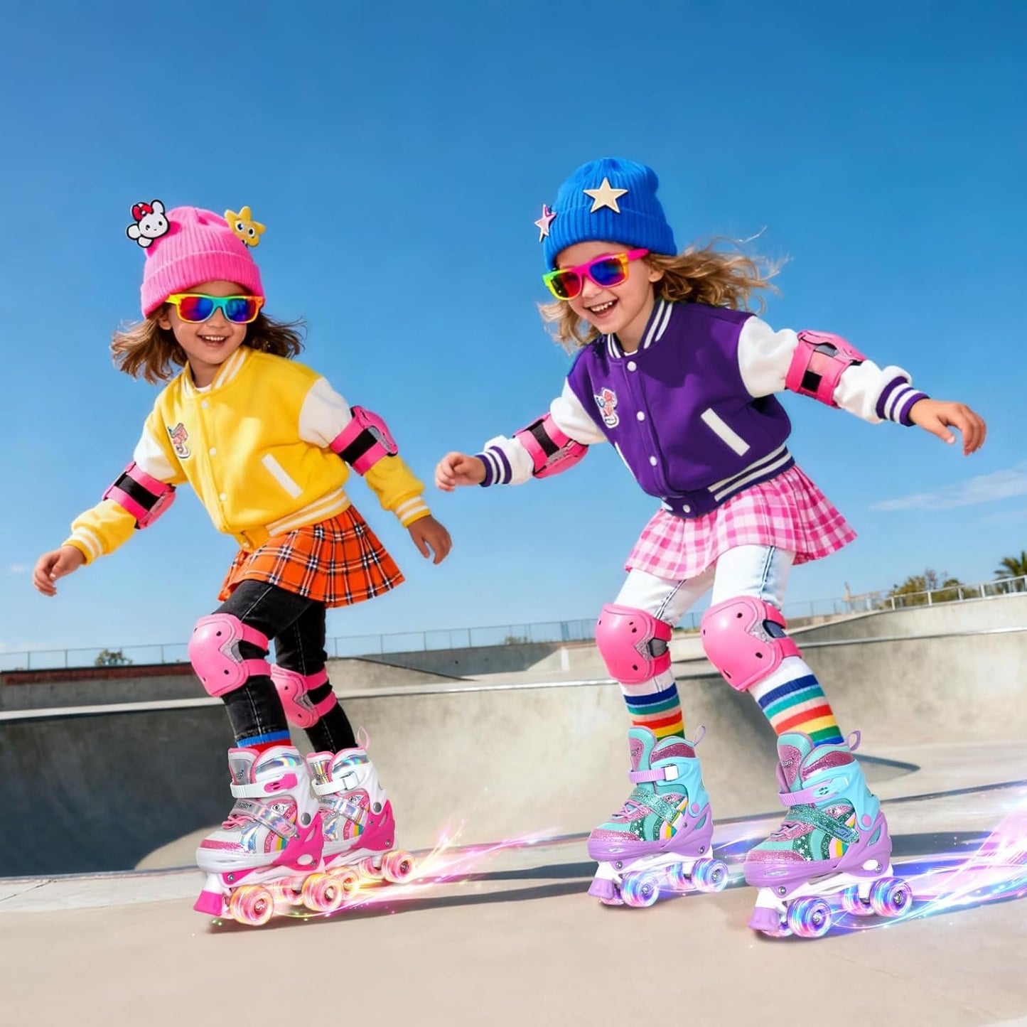 Nattork Girls Roller Skates - Adjustable Rainbow Quad Skates with Light-Up Wheels | Perfect Birthday Gift