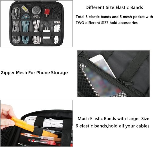 MATEIN Cable Organizer Bag, Large Travel Storage Bag Sturdy Tool Case with Handle for Phone Cord Electronics Accessories, Carrying Case for Tablet (Up to 12.9inch), Powerbank, Hard Drive, Black