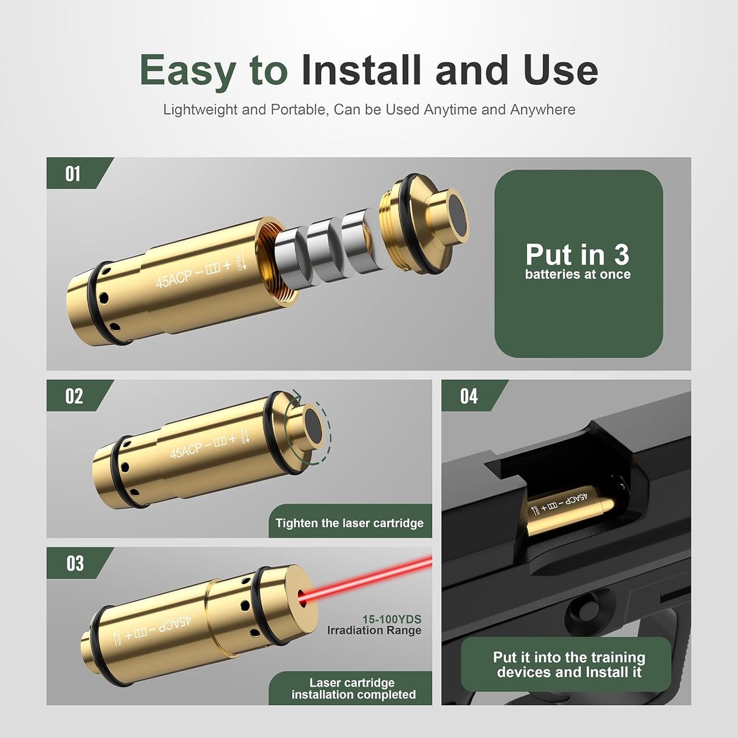 45ACP Laser Training Cartridge - Dry Fire System with Rubber Snap Cap & Batteries for Shooting Practice