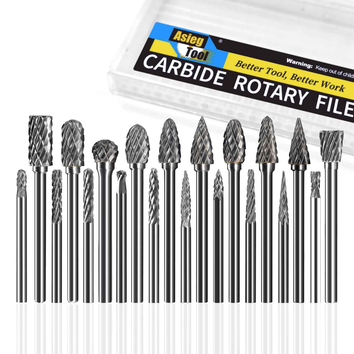 Asieg Tool 20 Pcs Carbide Die Grinder Burrs Bits 1/8" Shank for Dremel Milwaukee Metal Grinding Wood Stone Steel Carving Cutting Engraving Grinder Kit Attachment Rotary Tool Accessories Sets