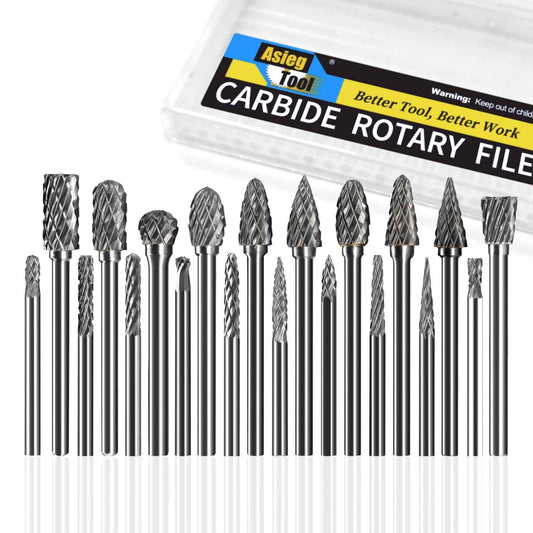 Asieg Tool 20 Pcs Carbide Die Grinder Burrs Bits 1/8" Shank for Dremel Milwaukee Metal Grinding Wood Stone Steel Carving Cutting Engraving Grinder Kit Attachment Rotary Tool Accessories Sets