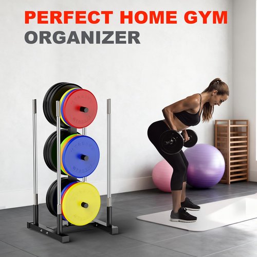Weight Plate Rack for Home Gym - 6 Post Olympic Plate Holder with Wide Stability Base, Barbell Storage & Bumper Plate Tree Organizer, Heavy Duty Space Saving Gym Equipment