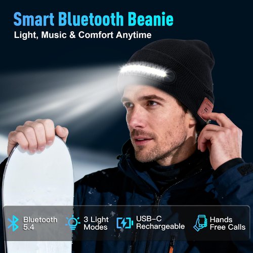 Hinshark Gifts for Men, Bluetooth Beanie with Lights, Gifts for Men Dad Husband Him, Unisex Rechargeable Bluetooth Hat, Birthday Gifts for Him Women, Grandpa Gifts Black