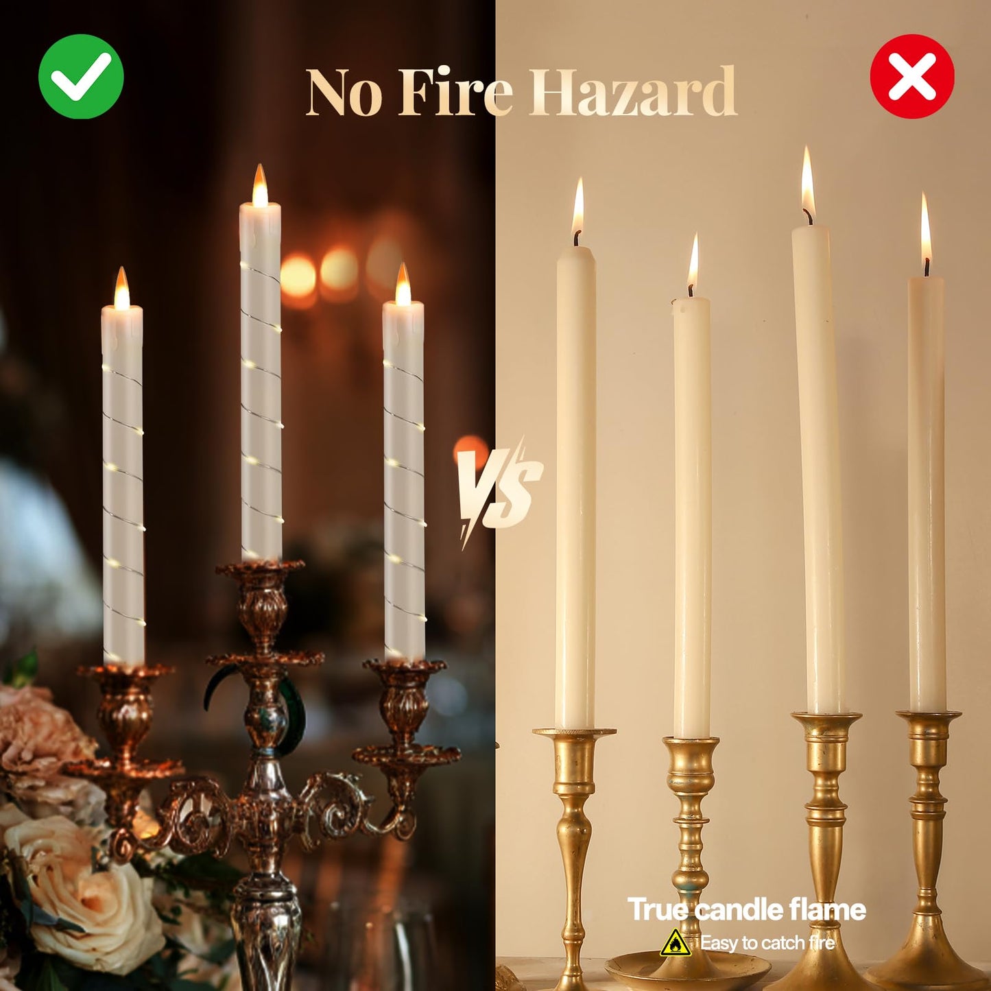 Rlojru 3pcs Flameless Taper Candle with Remote, Battery Powered, Timer, 3 Ivory ABS Candlesticks, 11 Mini Surround String Lights, 9.4 Inch LED Candles, Halloween Christmas Home Decor