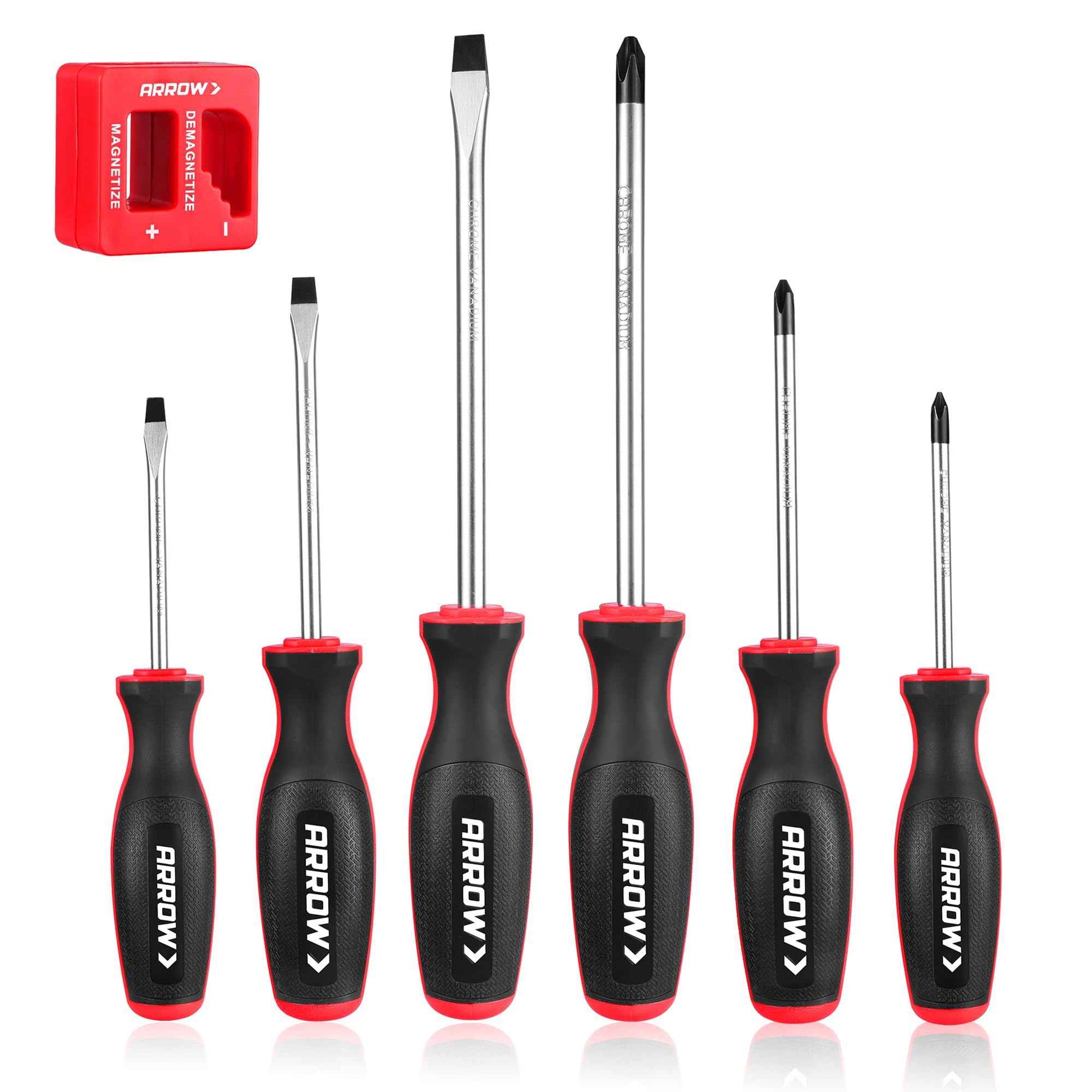 ARROW 6-Piece Magnetic Screwdriver and Magnetizer/Demagnetizer Set, Premium Cr-V Steel Screwdriver Set with Non-Slip Cushion Grip, Magnetic Phillips and Flathead Tips, for Home Improvement