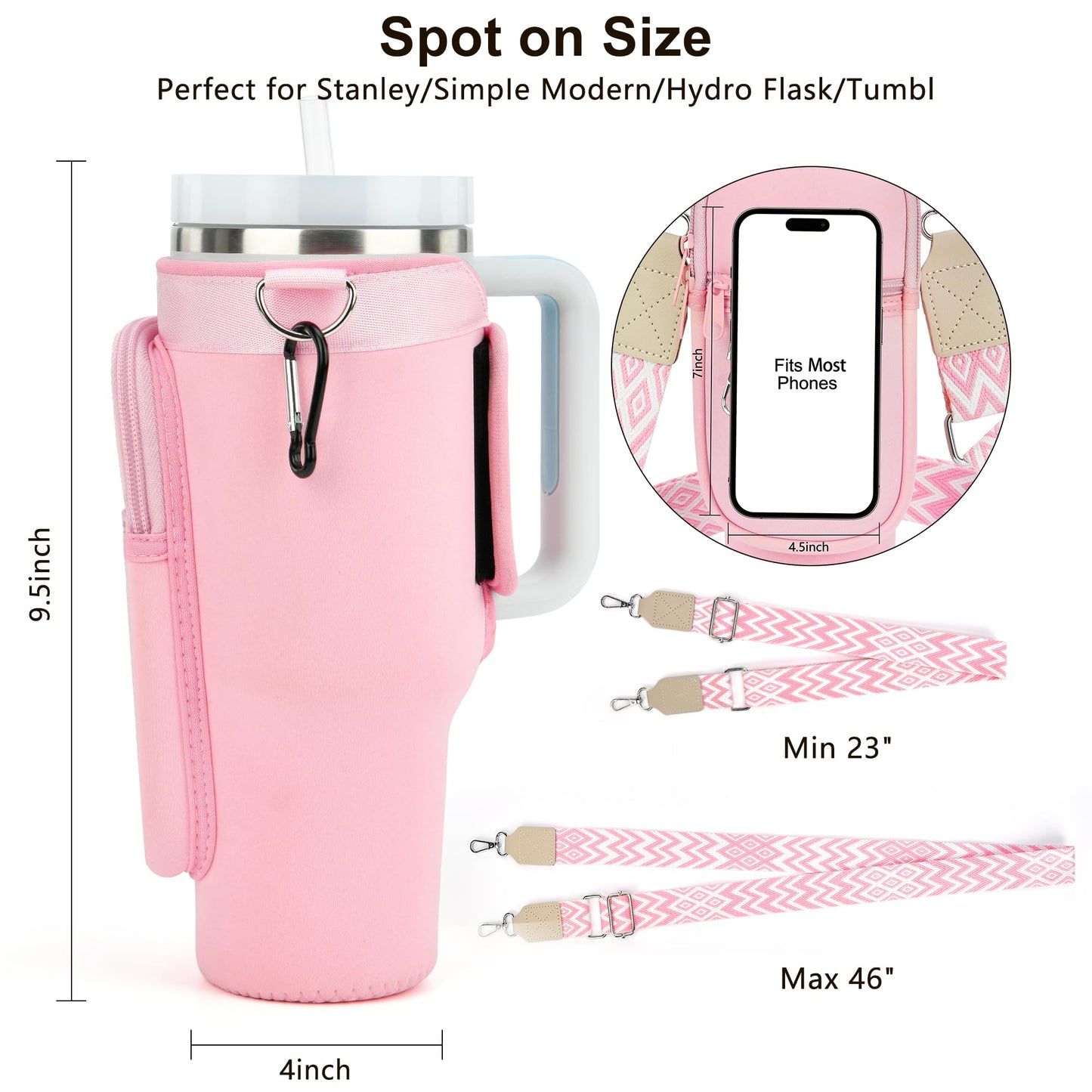 LOKASS Personalized for Stanley Cup Accessories 30oz, Initial Stanley Cup Holder with Strap, Cup Carrier Bag Water Bottle Holder with Phone Pocket Gifts for Women,Girls,Travel,Walking,Work