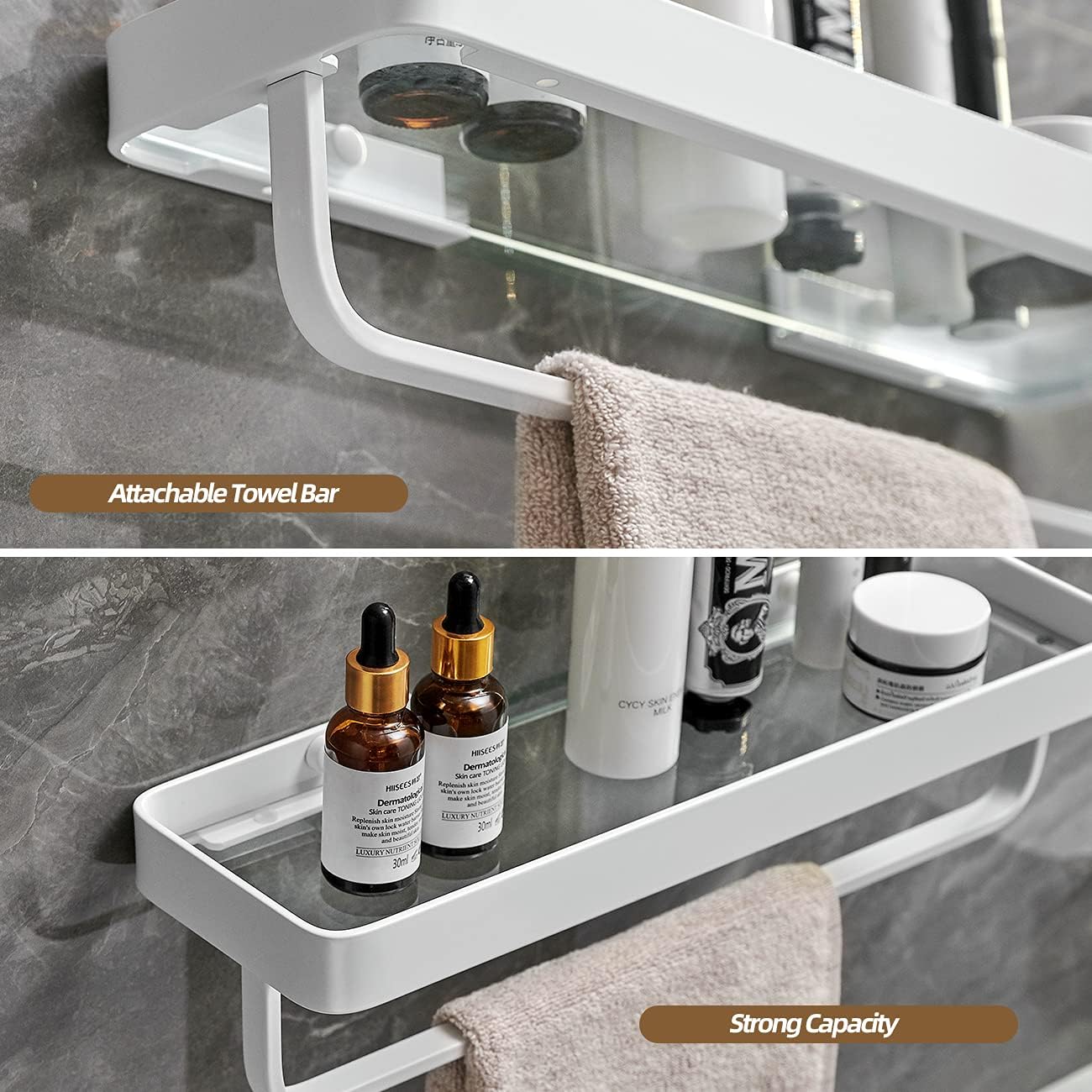 Wall Mounted Glass Bathroom Shelves - 2-Tier Floating Organizer in Black