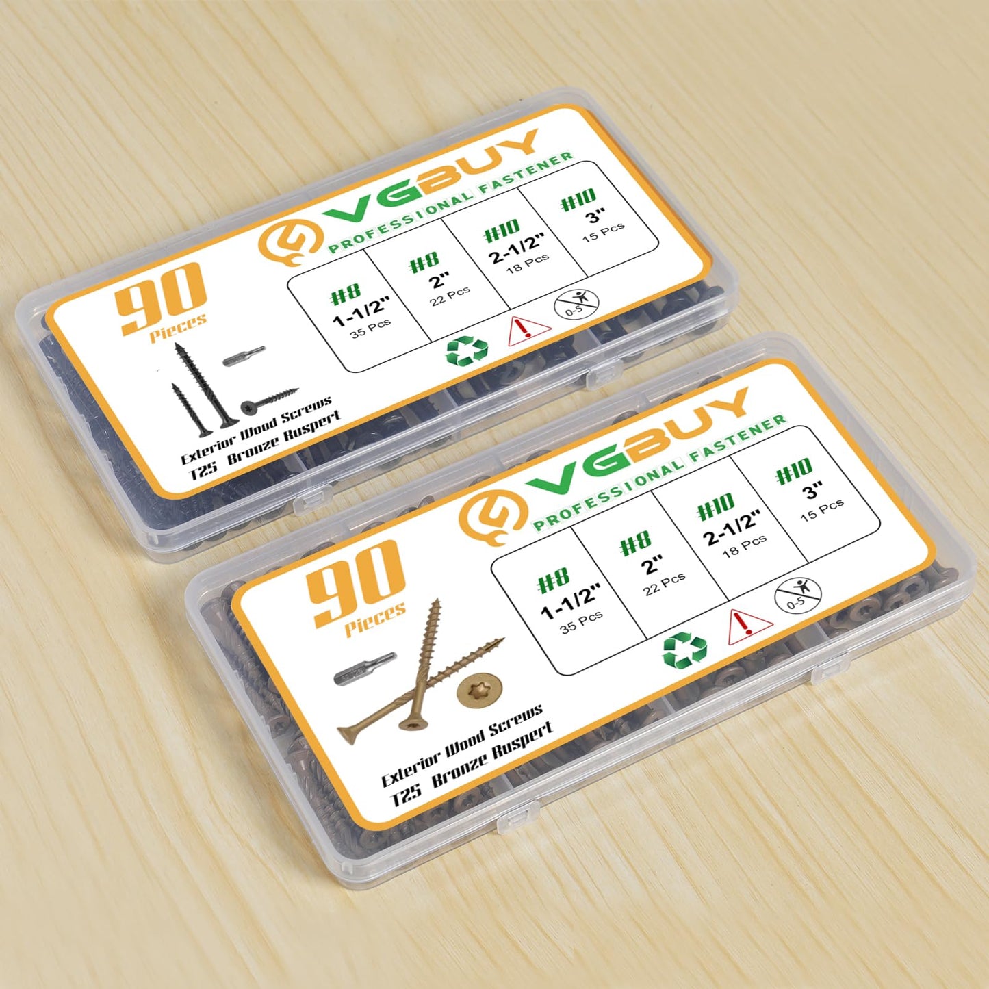 VGBUY 90Pcs Deck Screws, #8#10 Wood Screws Assortment Kit, Heavy-Duty Exterior,Star Drive,Bronze (1-1/2",2",2-1/2",3"),T25 Star Bit