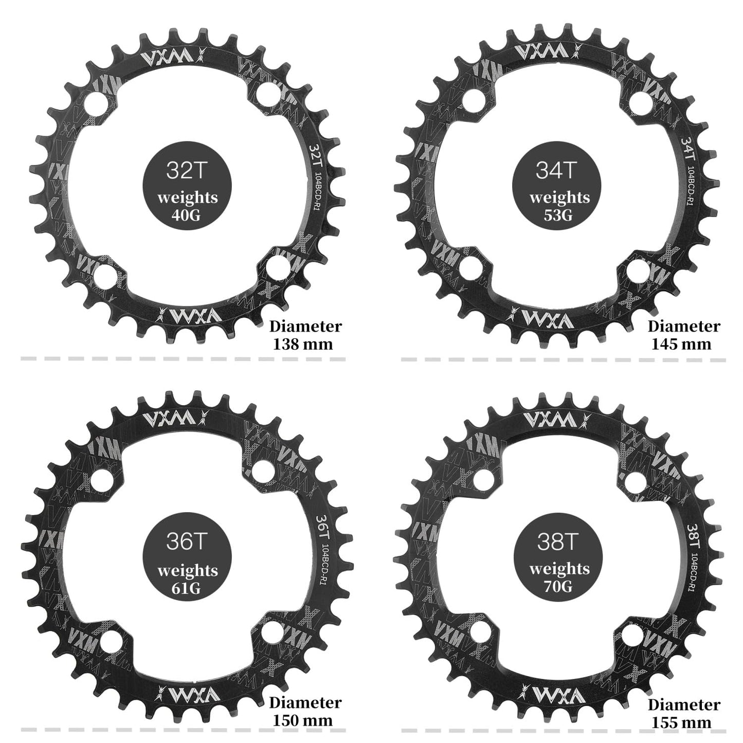 YBEKI 104BCD Chainring - CNC 7075-T6 Aluminum Narrow-Wide Round Chainwheel for MTB/Road Bikes (32-52T) | Compatible with Shimano/SRAM 8-11 Speed | Ultra-Light | Anti-Drop Design (Black, 48T)