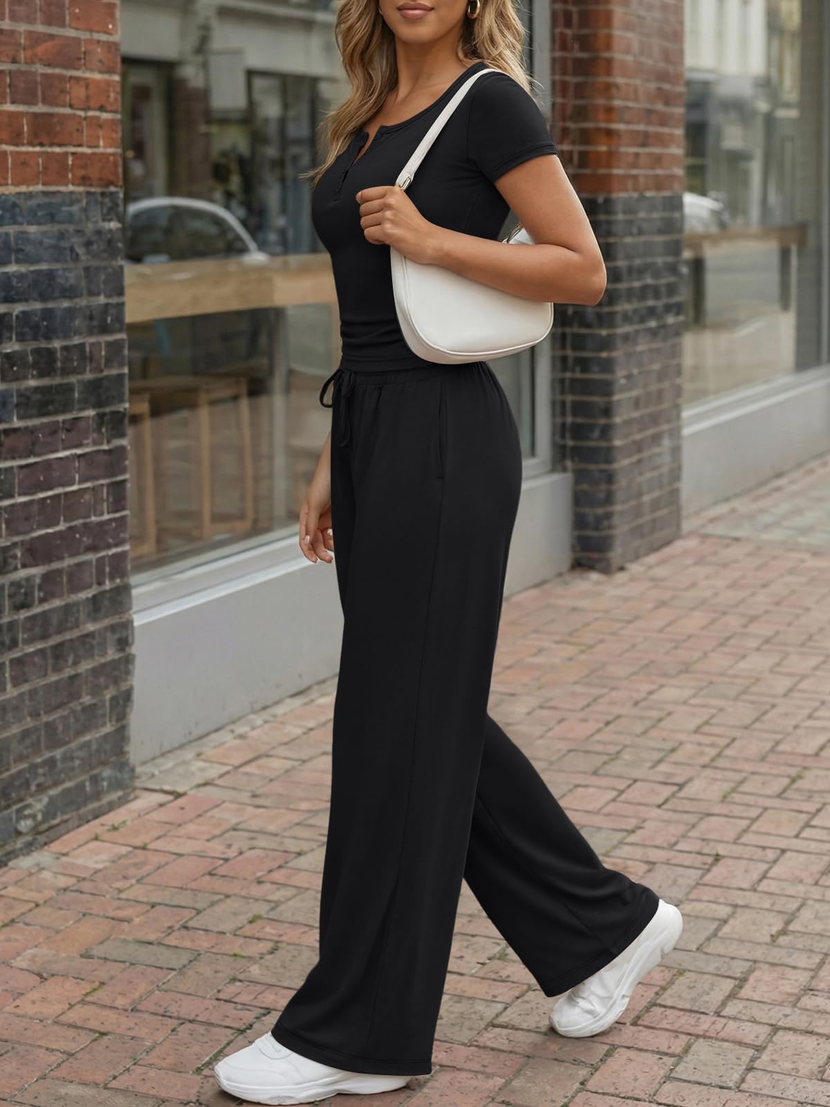Trendy Queen Women's 2 Piece Matching Lounge Sets Summer Henley Neck Slightly Crop Top Wide Leg Pants Casual Sweat Suit