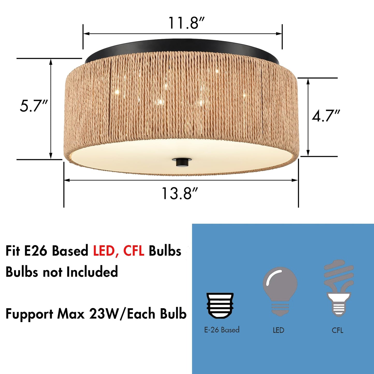 YUBOLE Woven Ceiling Light 3-Light Bohemian Flush Mount Ceiling Light with Paper Hemp Rope Drum Shade for Bedroom Hallway Bathroom Dining Room-Black & Brown