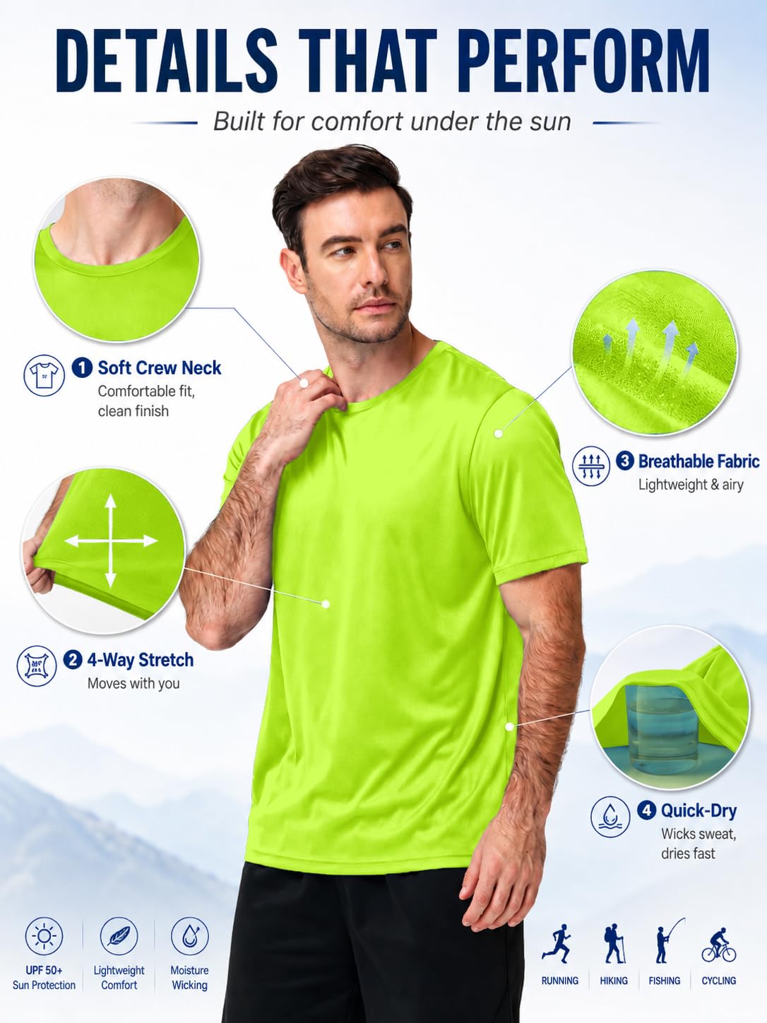 ZITY T-Shirts for Man Pack Short Sleeve UPF 50 Uv Blocking Fishing Athletic Shirt Fast Dry Breathable Swim Shirt for Beach Water Shirts for Men M
