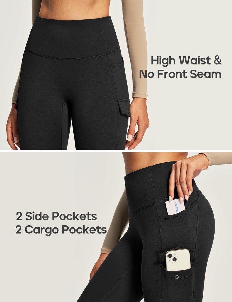 Heathyoga Cargo Fleece Lined Leggings Women Water Resistant Thermal Leggings with Pockets for Women Waterproof Hiking Pants Black