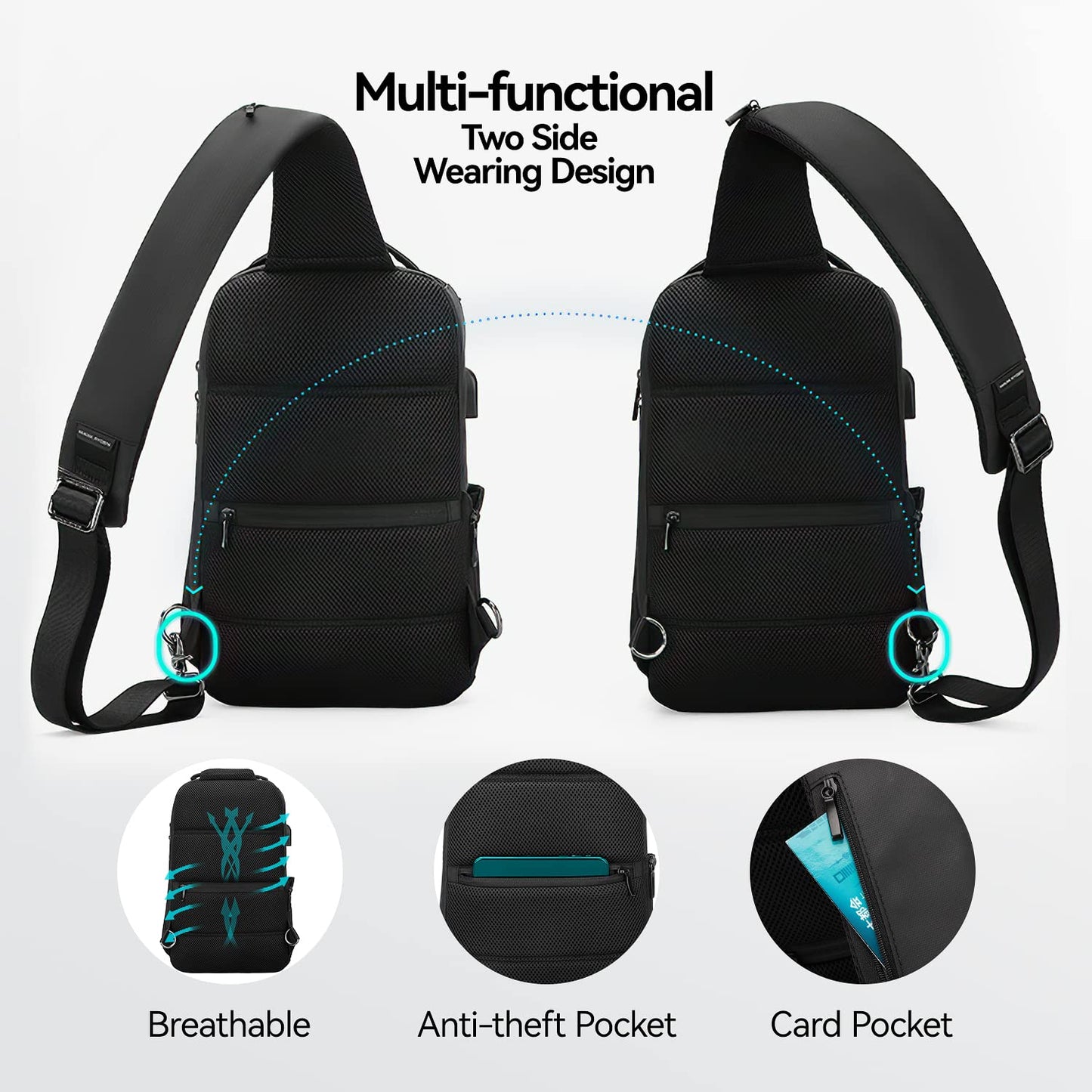 MARK RYDEN Sling Backpack Men, Waterproof Shoulder Bag with USB Charging Port and Adjustable Strap, Holds 9.7 Inch ipad, Sling Bag for Traveling, Sporting, Cycling, Daily