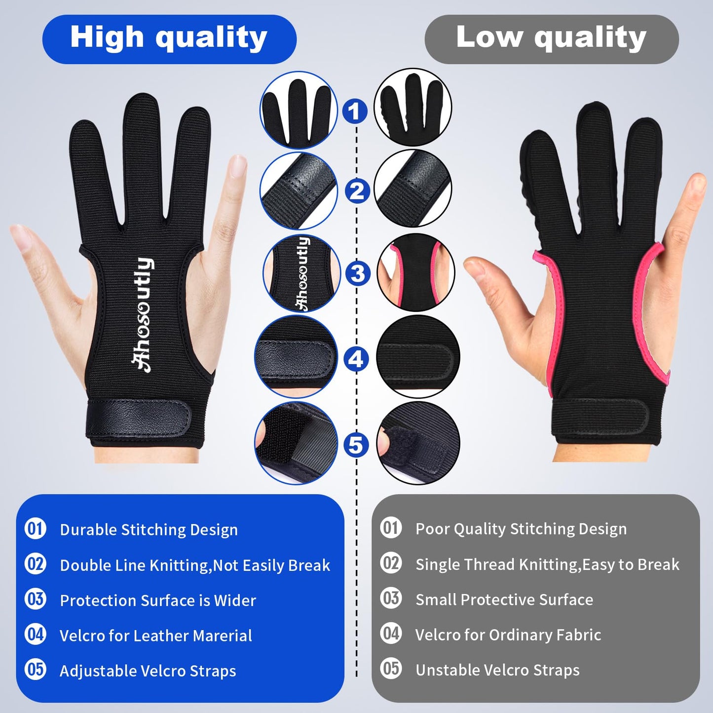 AHOSOUTLY Archery Glove Three Finger Leather Elasticity Archery Protective Gloves Archery Shooting Gloves for Adult and Kids, Protective Gear (Black, X-Large)