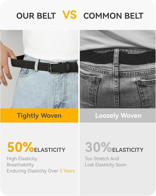 CHAOREN Stretch Belt for Men - 2 Pack of 1 3/8" Braided Golf Belts - Casual Elastic for Pants & Jeans