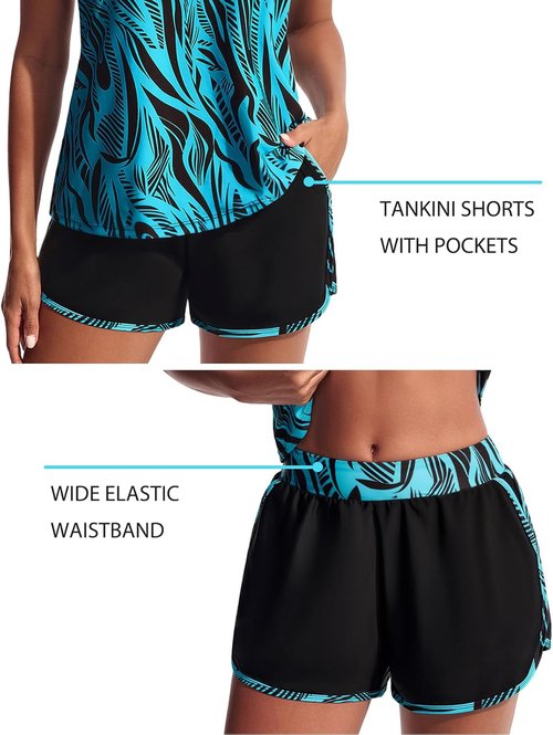 Hanna Nikole Women's Tankini Swimsuit - Tummy Control Two-Piece with Athletic Pockets & Swim Shorts