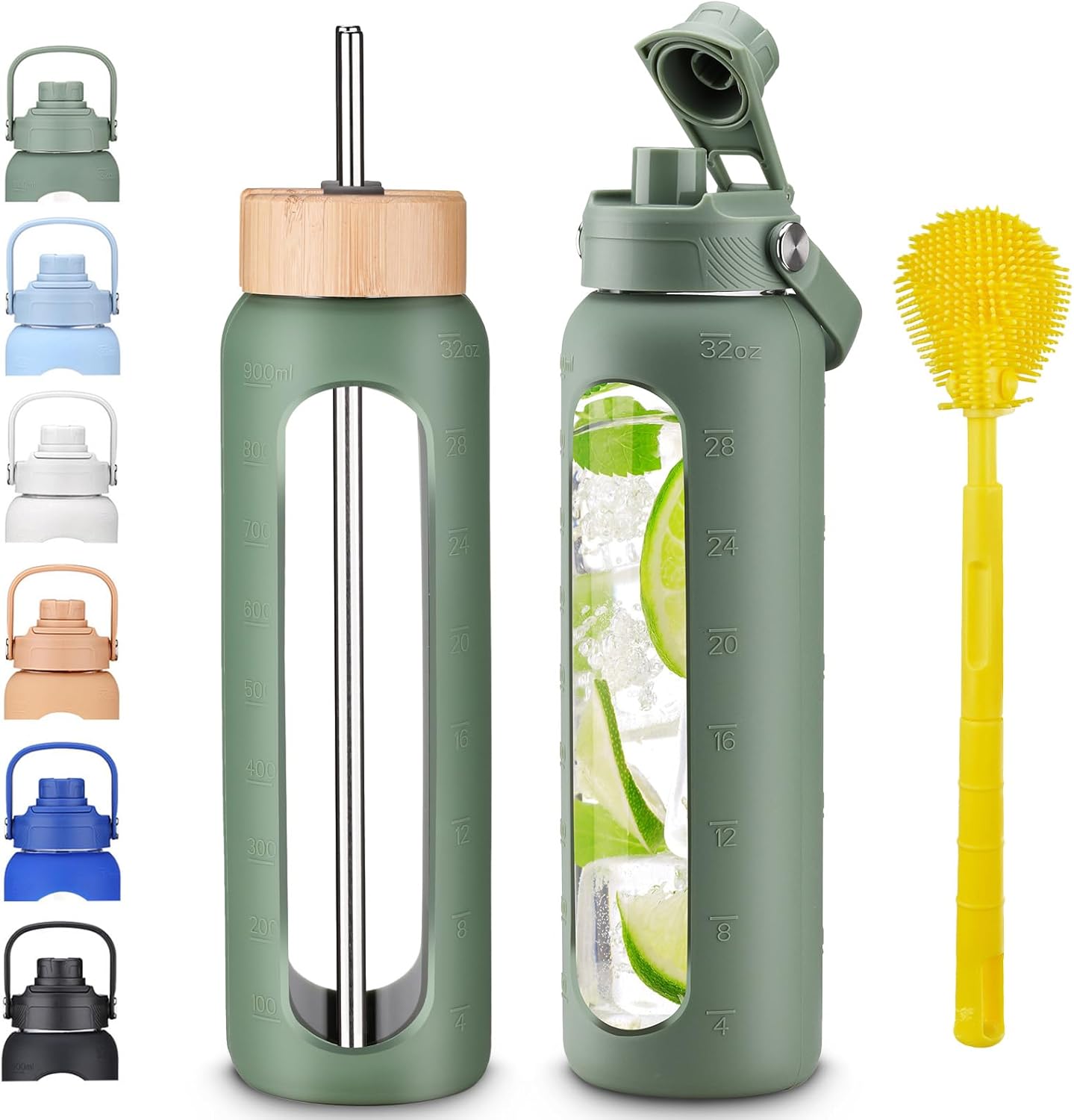 Skiennix 32 oz Glass Water Bottle - Borosilicate Tumbler with Silicone Sleeve & Bamboo Straw Lid | Leakproof, BPA-Free for Gym & Travel