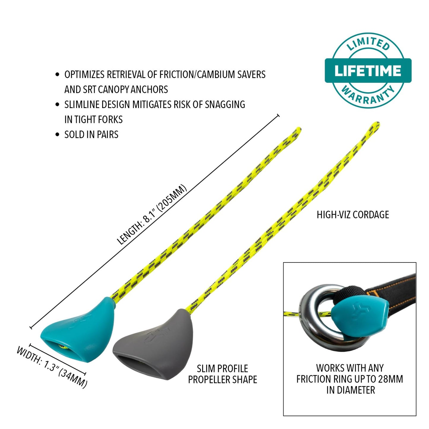 Notch Pebble Retrieval System Used by Arborists to Retrieve Climbing Systems & Friction Savers from Trees, for use with Friction Rings up to 28mm Diameter, High-viz Cordage Loop - Pair (99562)
