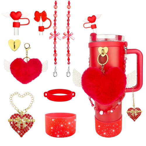 8 Pcs Red Cup Accessories Set for Stanley 30OZ & 40OZ Tumbler with Handle, Red Silicone Boot Water Bottle Handle Strap 2Pcs Straw Covers Heart Charm&Pom-Pom Charm for Stanley Cup