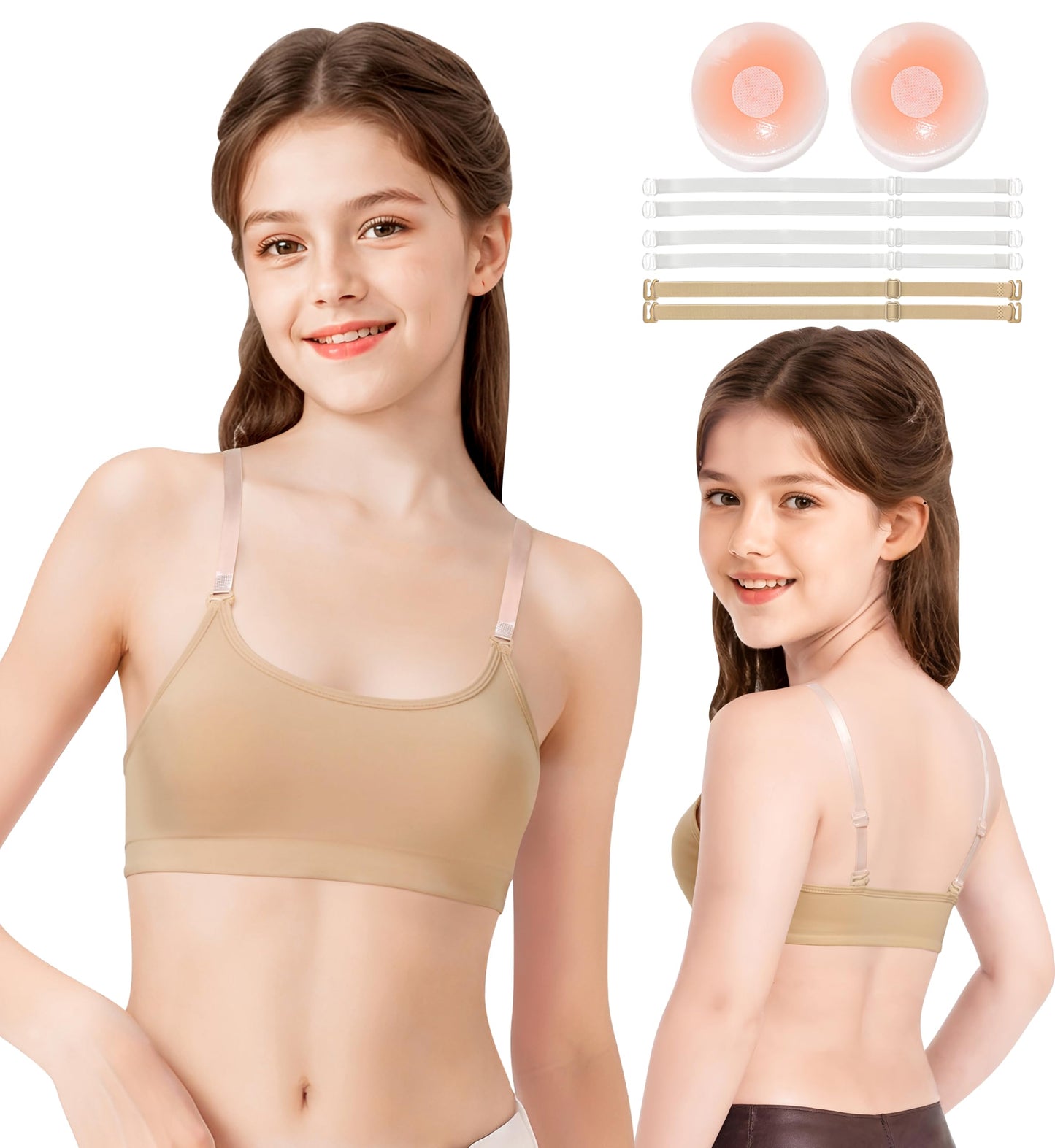 WYHDY Seamless Dance Bra for Teen Girls, Nude Training Bra with 2 Pairs of Clear Straps, Removable Silicone Pads(SM8E-18-1-L)