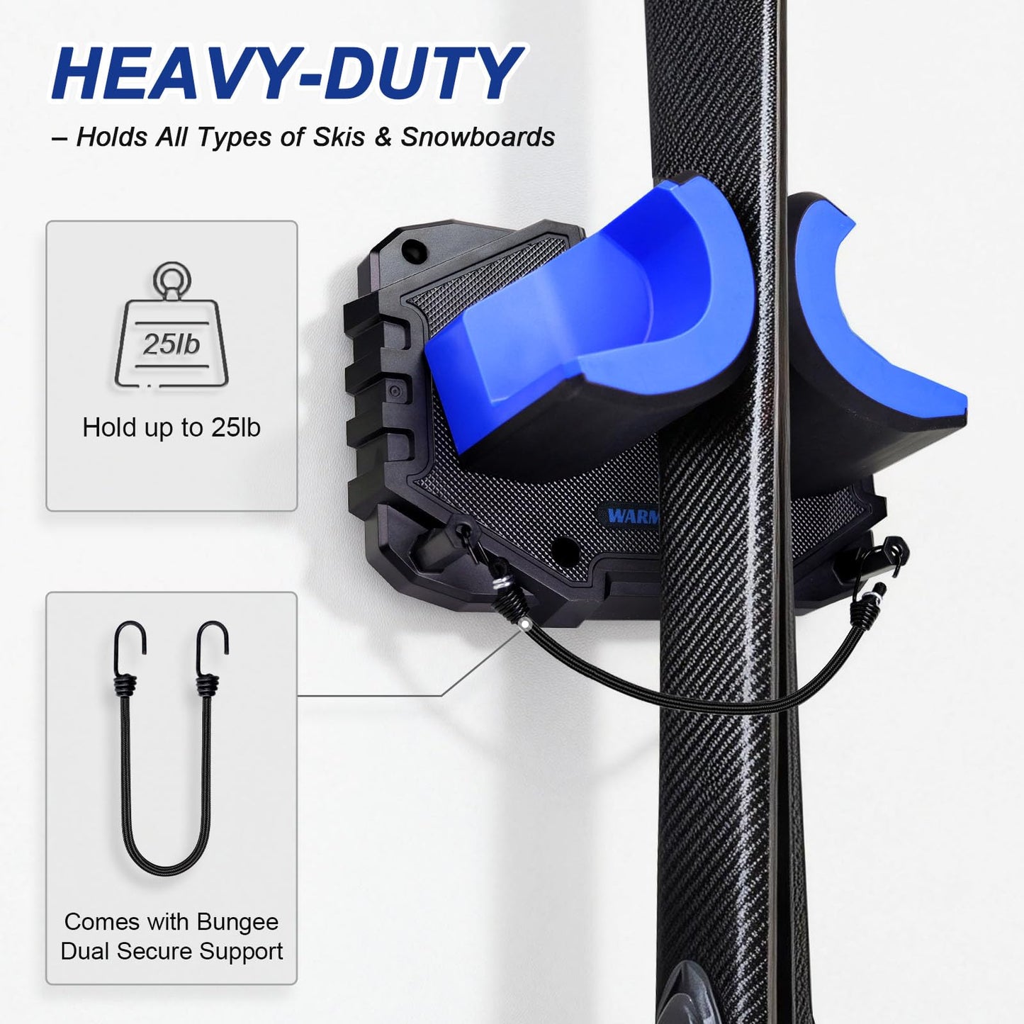 Ski & Snowboard Wall Mount, Fits Most Skis & Snowboards, Anti-Scratch & Non-Slip, Secure Hold Up to 25 lbs, Easy Install, Ski Holder with Pole Hooks, Space-Saving Garage Storage Ski Hanger, 2 Pack