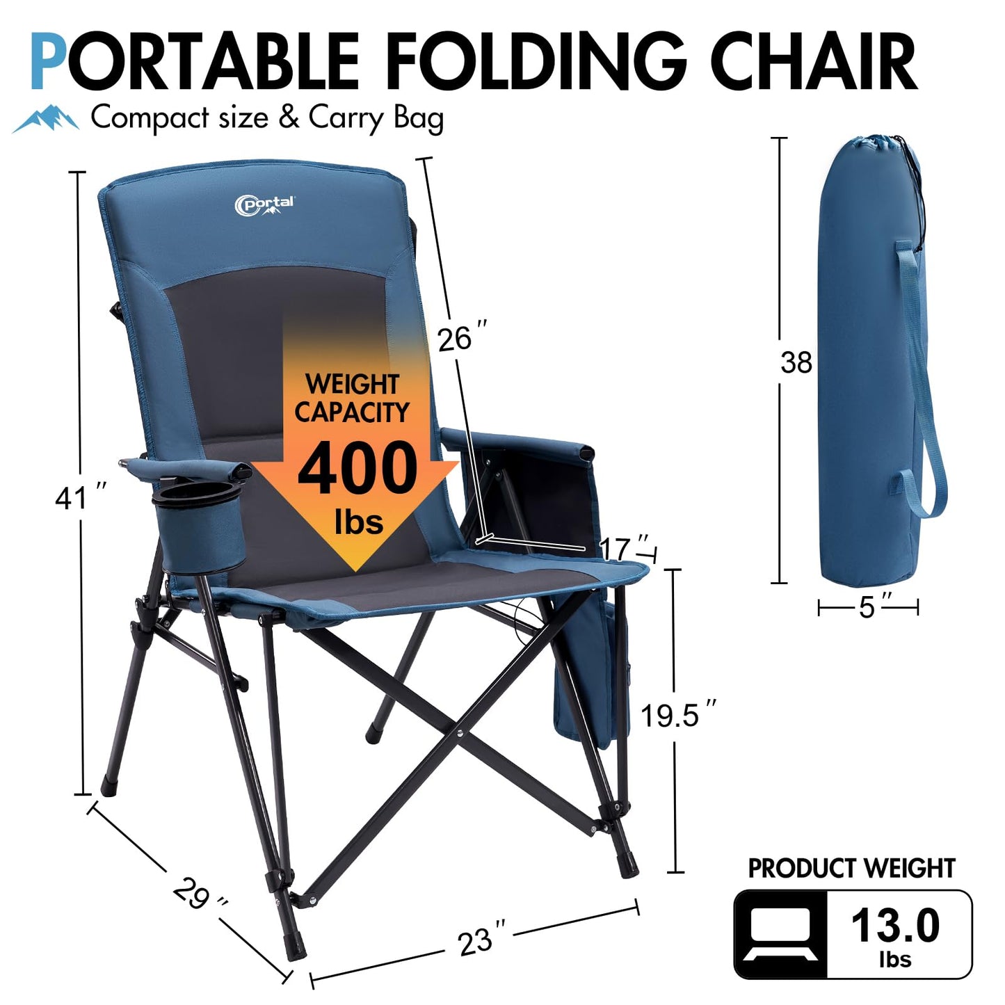 Portal 400 LBs Heavy Duty Camping Chairs for Adults, 23"W Outdoor Folding Chairs with High Back, Heated Portable Folable Chair for Lawn, Sports, Fishing, Outside