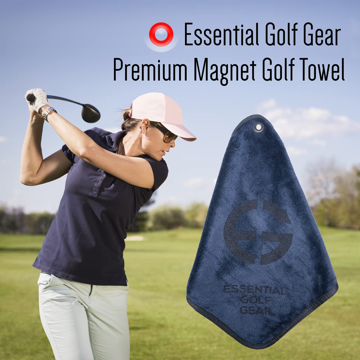 EGG PRO Essential Golf Gear Magnetic Golf Towel, 10.5-inch Square, Navy Blue with 26-inch Retractable String, Carabiner Clip and 3 Extra Microfiber Towels (Total 4 Towels)