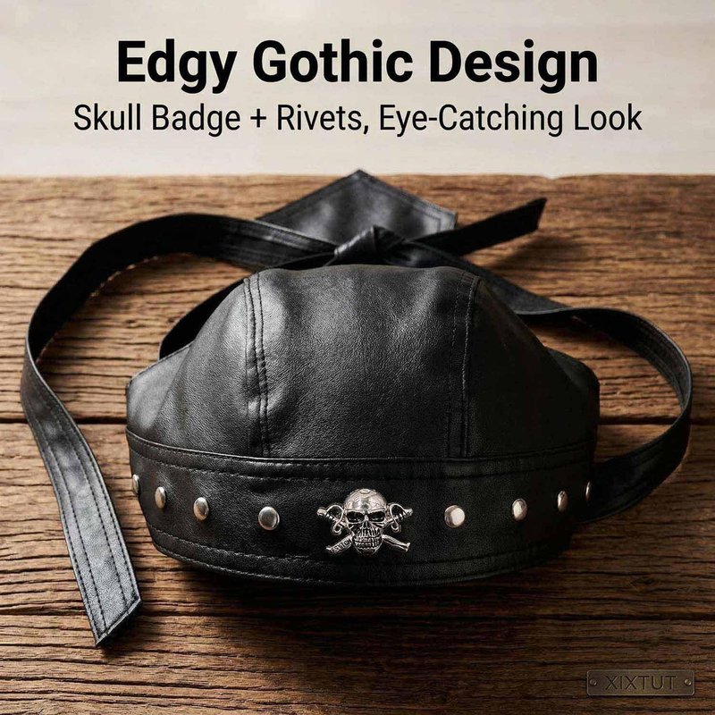 XIXTUT Leather Skull Cap Bandana Doo Do Rag for Women/Girl Biker Party Leather Studs Headwrap for Motorcycling Men Black