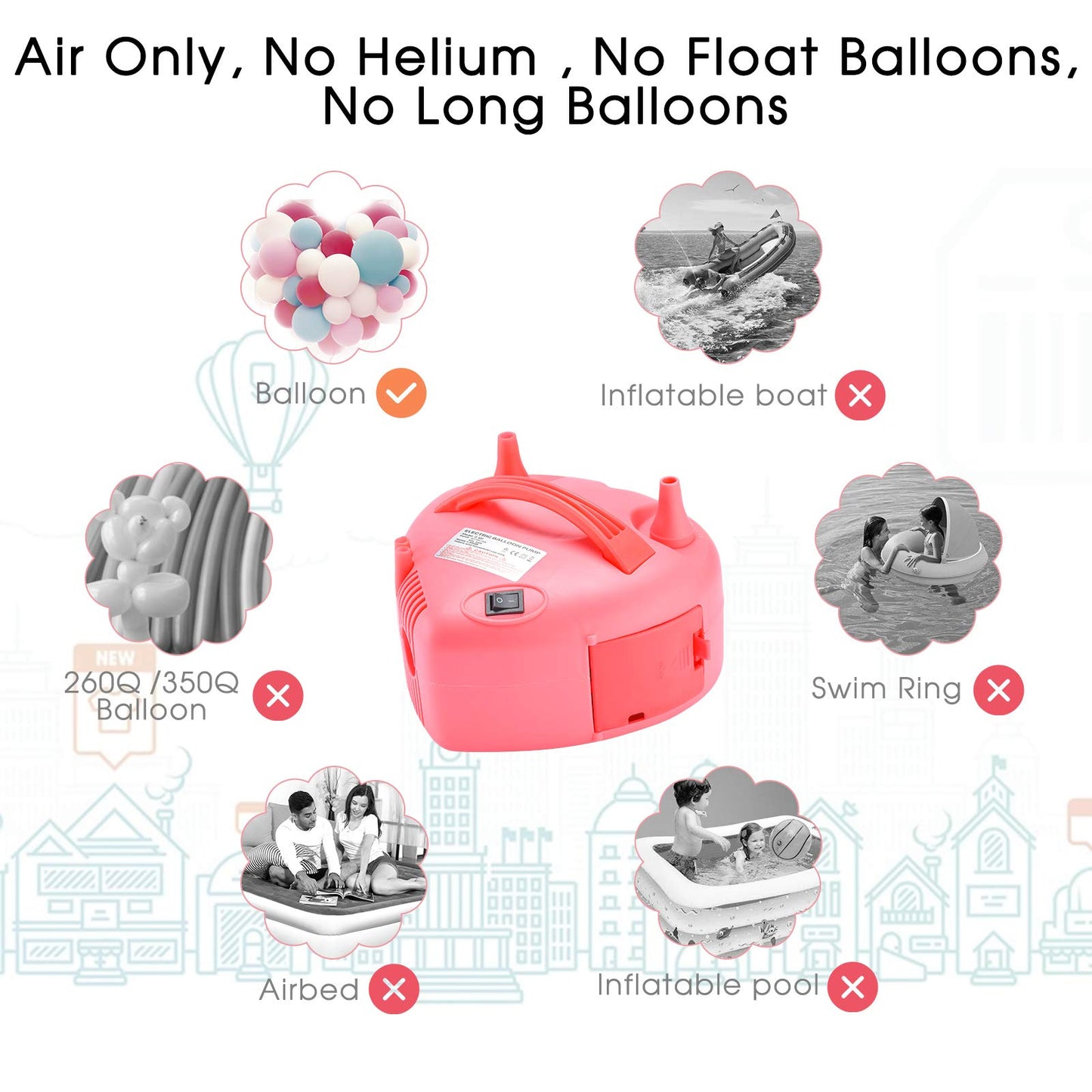 Electric Balloon Pump, NuLink Portable Dual Nozzle Electric Balloon Blower Pump with Tying Tools, Tape Strip and Dot Glues for Party Decoration [Pink, Heart Shape]