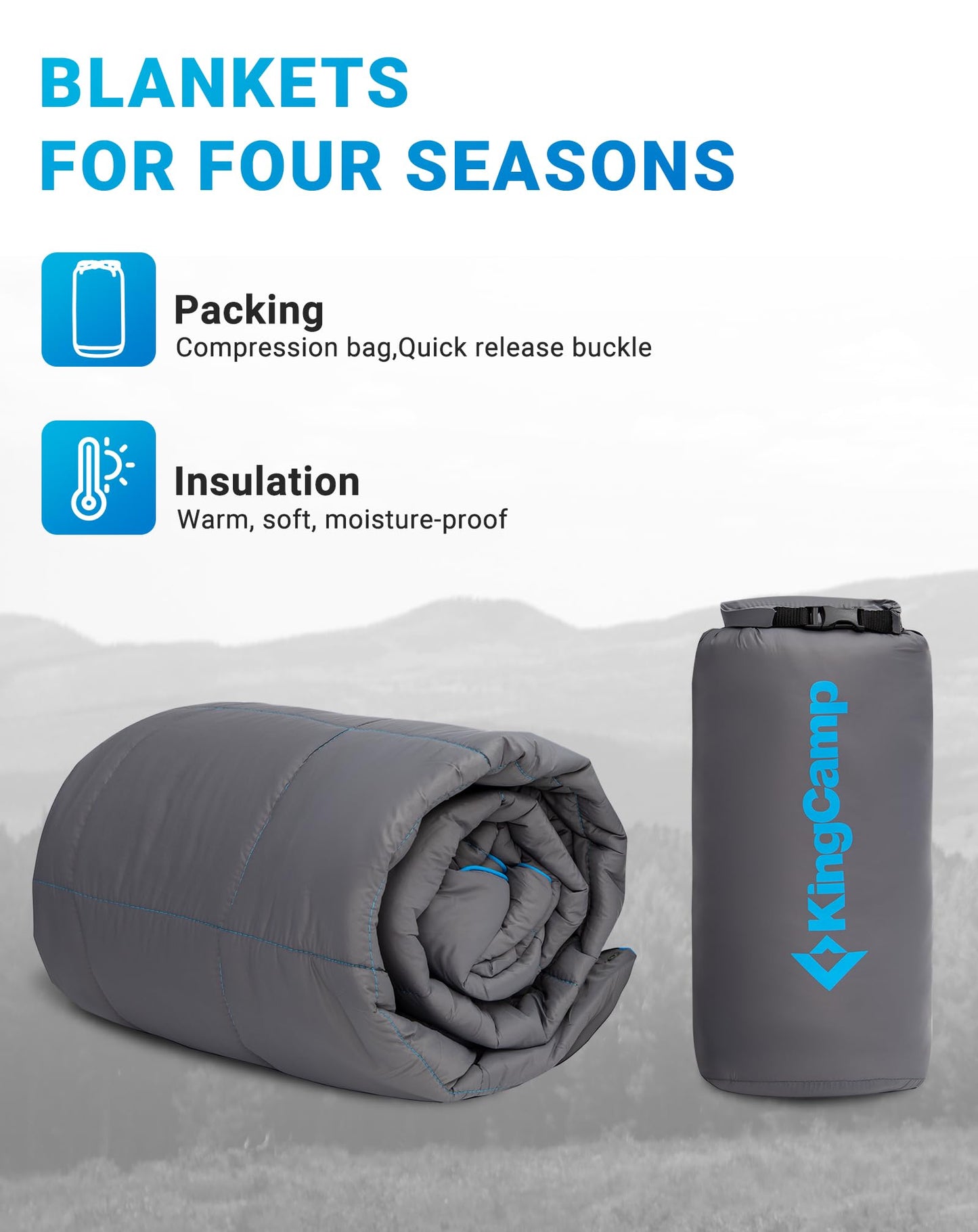 KingCamp Ultralight Camping Blanket, Packable Down Alternative Puffy Wearable Blankets Weatherproof Warm Package Quilt with Snap Buttons for Outdoor Hiking Travel Picnic Stadium (69" x 53", Charcoal)