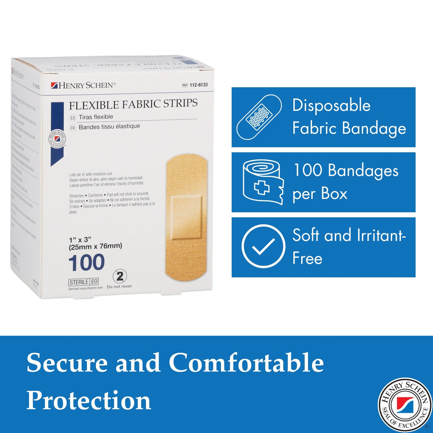 Henry Schein Adhesive Fabric Strip Bandages 1" x 3", Sterile, 100 Ct