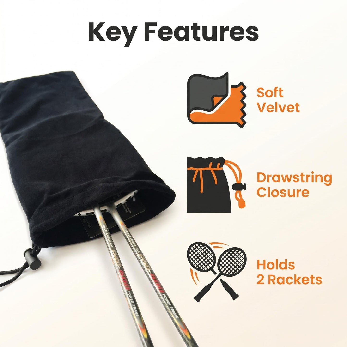 Yingkoo Black Velvet Badminton Racket Bag Soft Protective Cover with Double Drawstring Design