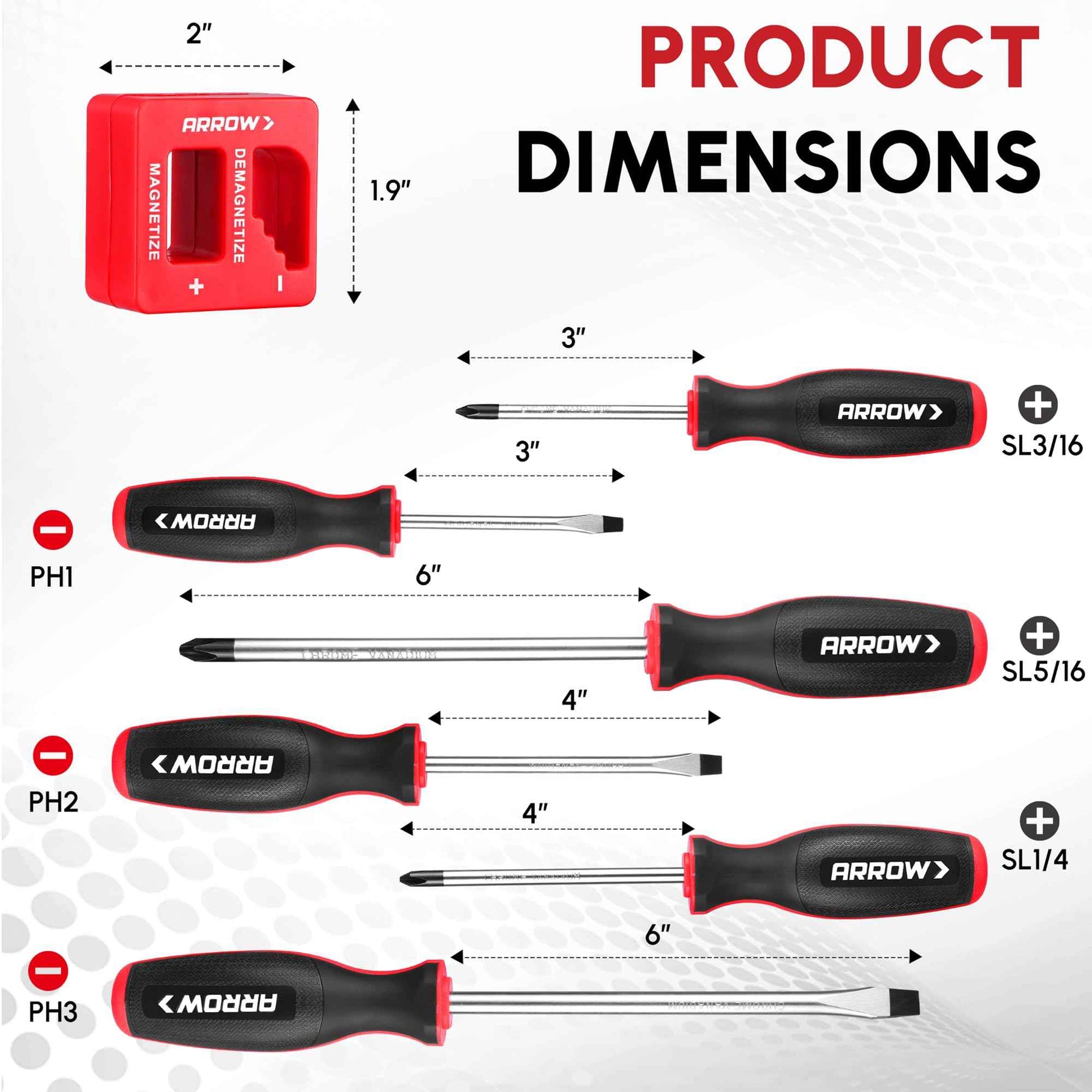 ARROW 6-Piece Magnetic Screwdriver and Magnetizer/Demagnetizer Set, Premium Cr-V Steel Screwdriver Set with Non-Slip Cushion Grip, Magnetic Phillips and Flathead Tips, for Home Improvement