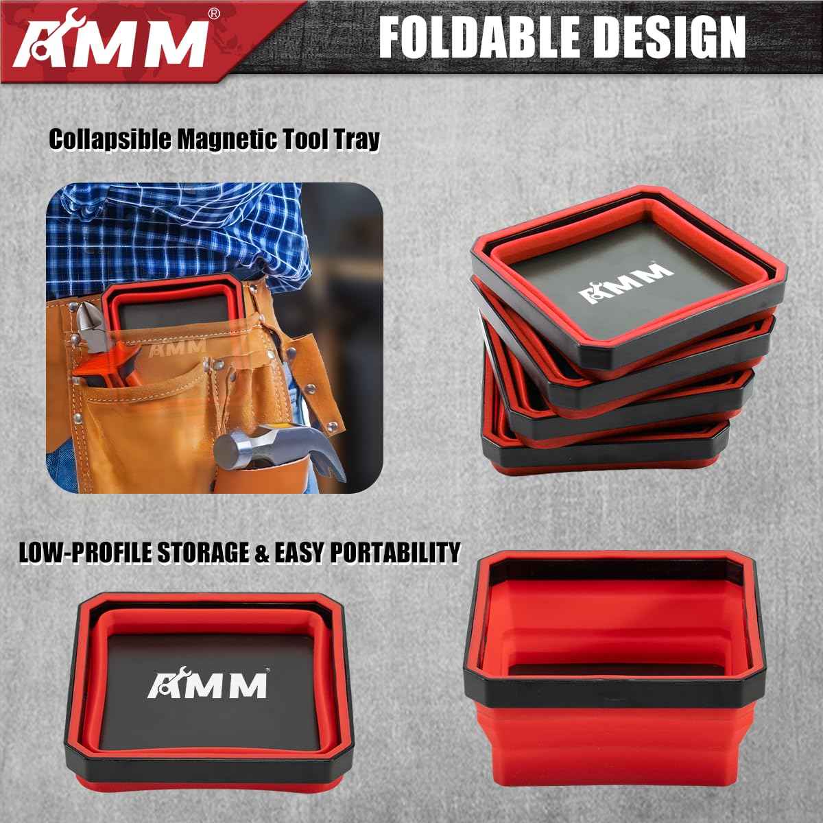 AMM Magnetic Tray, 4 PC Foldable Magnetic Tool Tray Set for Bolts Screws Nuts & Small Metal Parts, Mechanic Tool Present for Men, 4.5 Inch Square (4PC, Red)