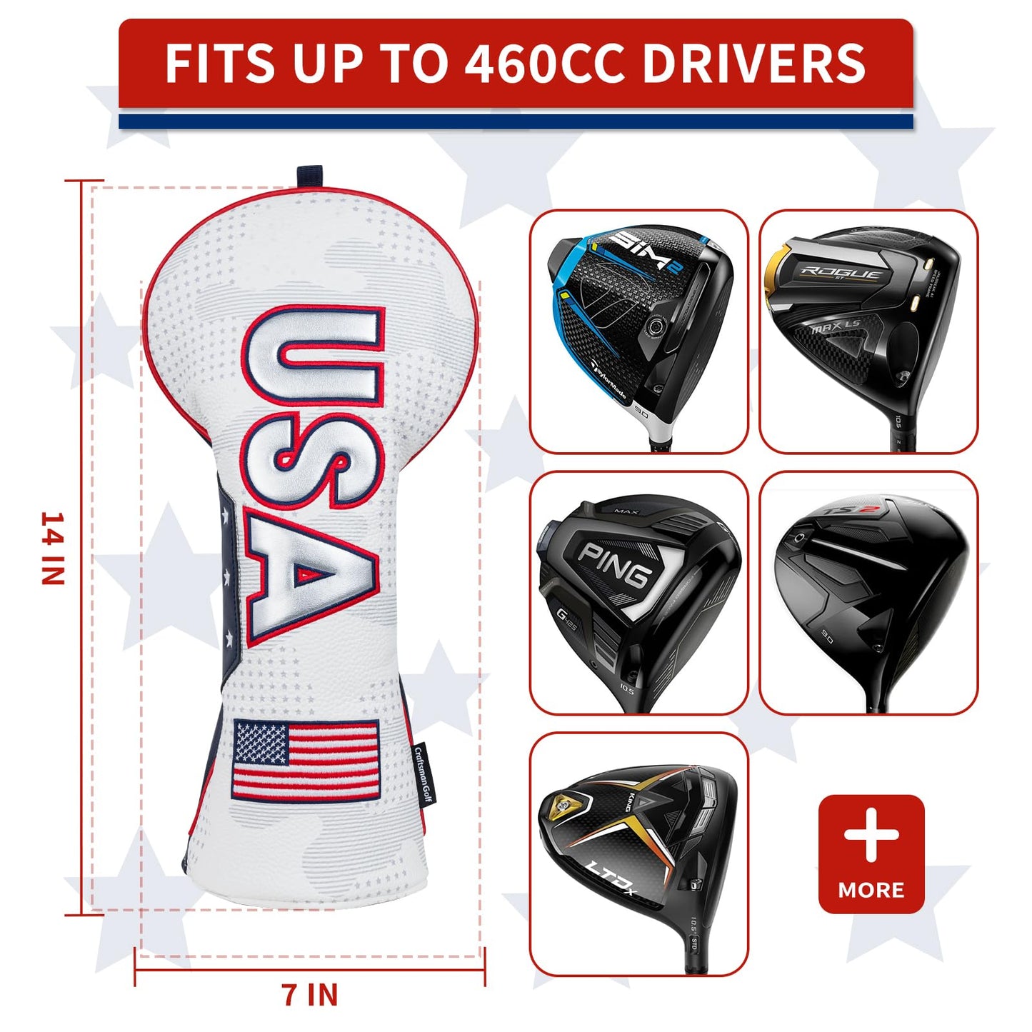 Craftsman Golf Club Head Cover USA Driver Headcover US Flag Golf Driver Head Cover USA Patriotic Golf Club Cover for Driver White Leather
