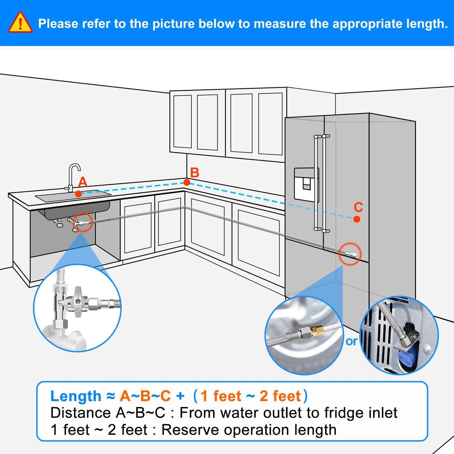 Refrigerator Water Line Kit - 8FT Stainless Steel Braided Ice Maker Water Line with Tee Stop Valve,Foodgrade PEX Inner Hose Fridge Water Line with 1/4" Comp Fitting and Tee Valve