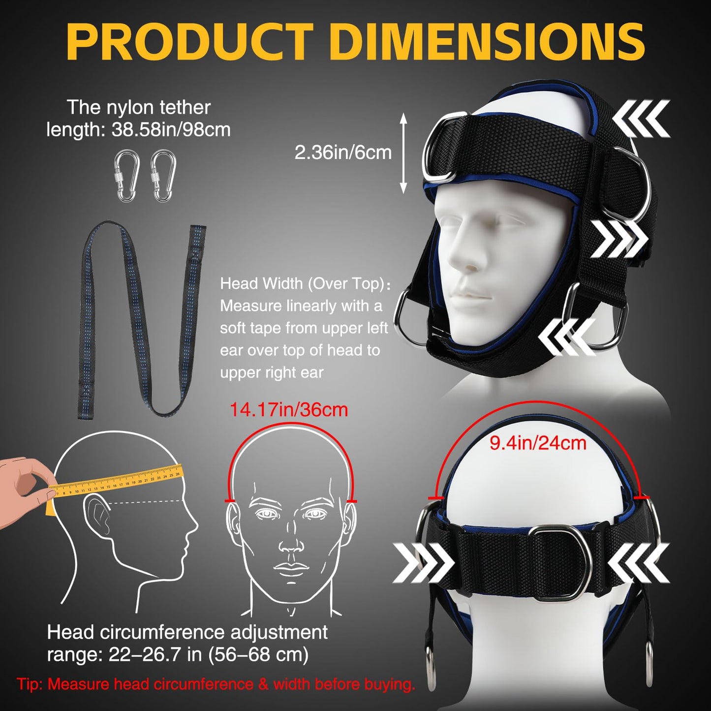 Fitness Neck Head Harness Trainer, Adjustable Chin Strap and Head Harness Strength with Nylon Tether, Neoprene Neck Exerciser for Weight Lifting, Home and Gym Use, Black