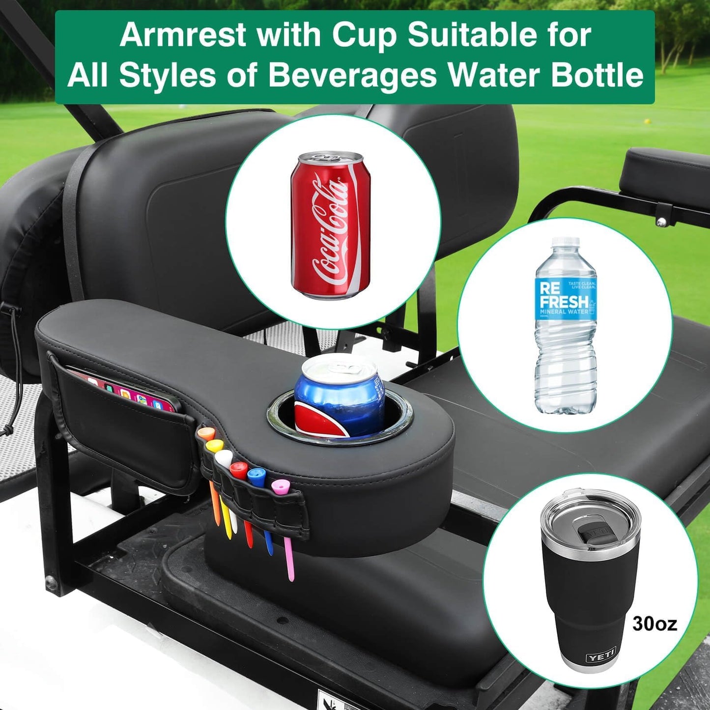 LEAPGOMAX No Drilling Golf Cart Armrest with Cup Holder Phone Bag Golf Tree Holder for Rear Seat, Triangle Support Frame Fits 1" Side Square Tube EZGO Club Car DS Precedent Yamaha Golf Carts Arm Rest
