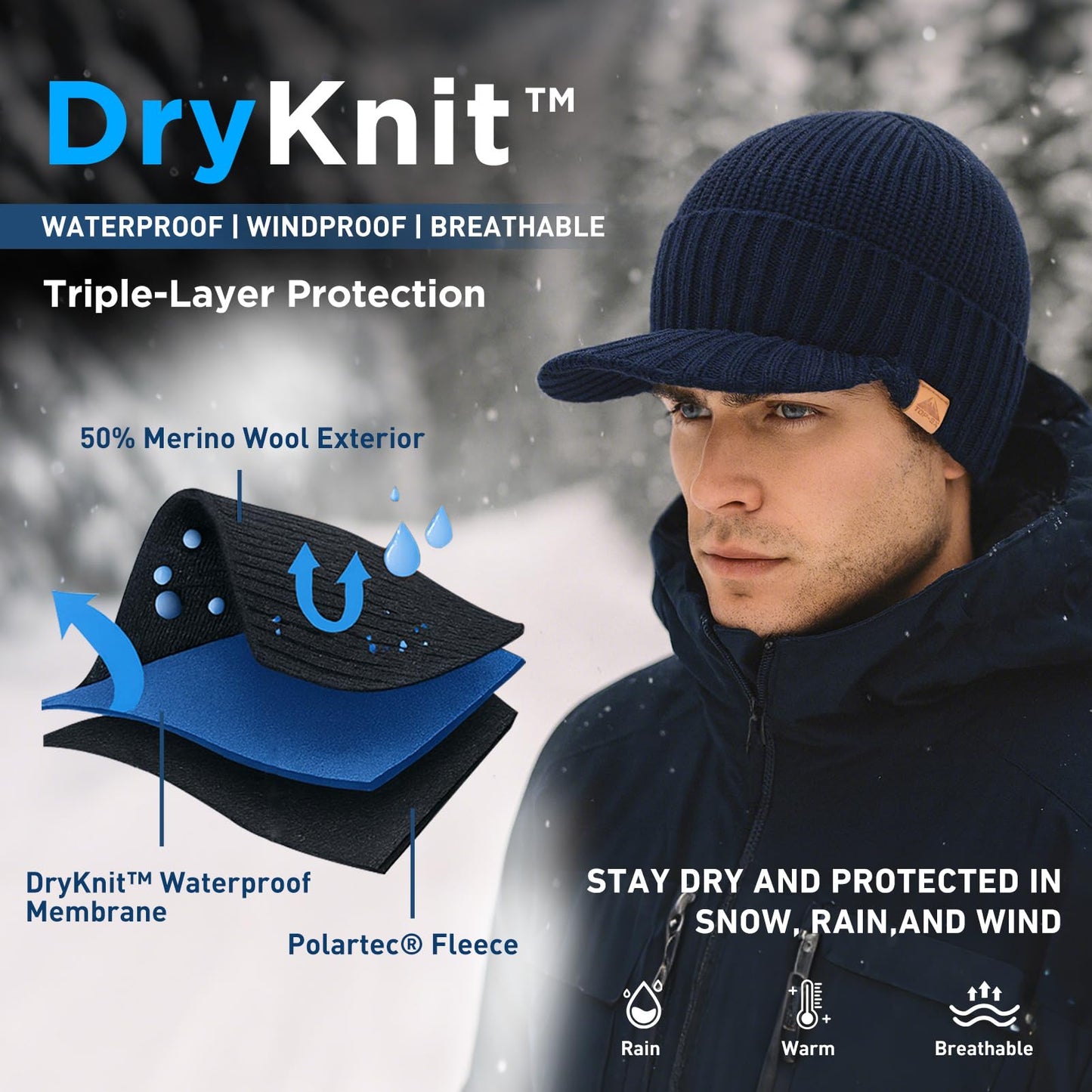 TOP-EX Dryknit Waterproof Merino Wool Mens Winter Ski Beanie Hat with Brim Fleece Lined Thermal Knit Cap for Hiking & Cold Weather Black M/L